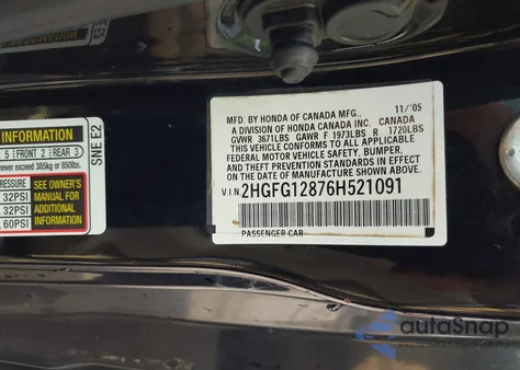 2006 Honda Civic Ex from USA, damaged, VIN 2HGFG12876H521091